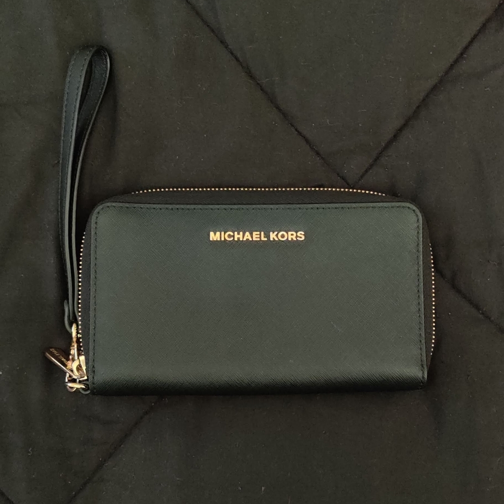 Michael Kors Black Zip-Around Leather Wallet with Gold Logo